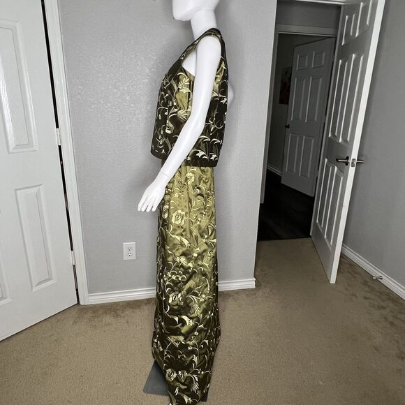 Carlisle Sz 8 Skirt 10 Top 3 Piece Silk Maxi Skirt Set Olive Green Embroidered - Picture 4 of 13